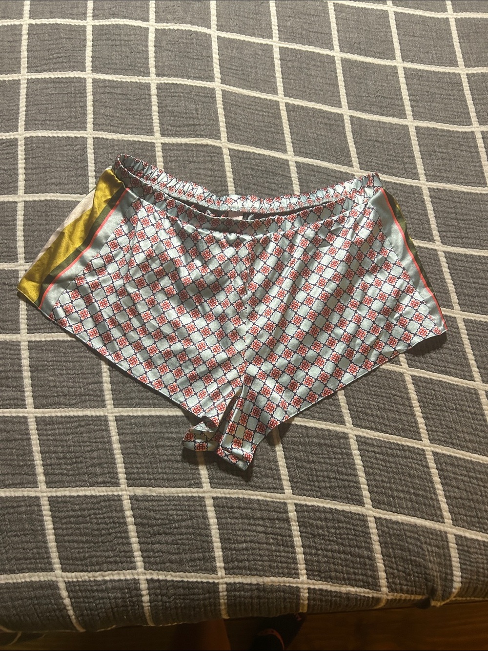 Silky Patterned Women's Lounge Shorts in Light Blue and Yellow